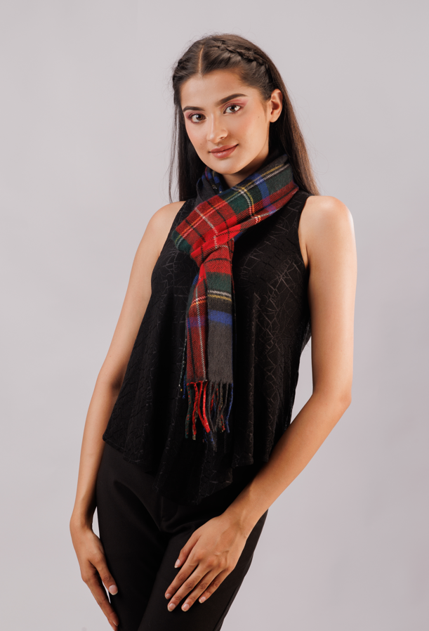 Check scarf with felted fringe