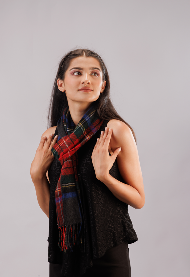 Check scarf with felted fringe