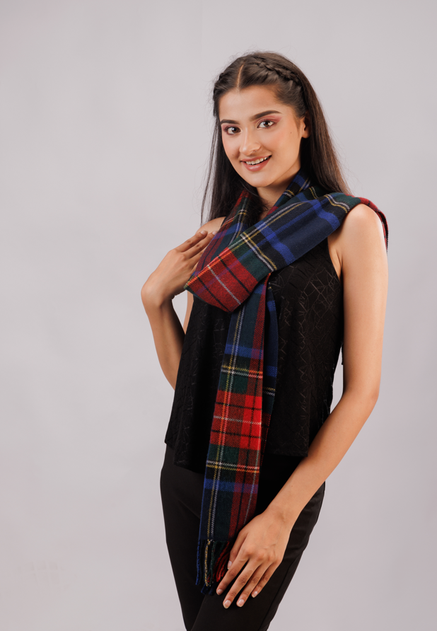 Check scarf with felted fringe
