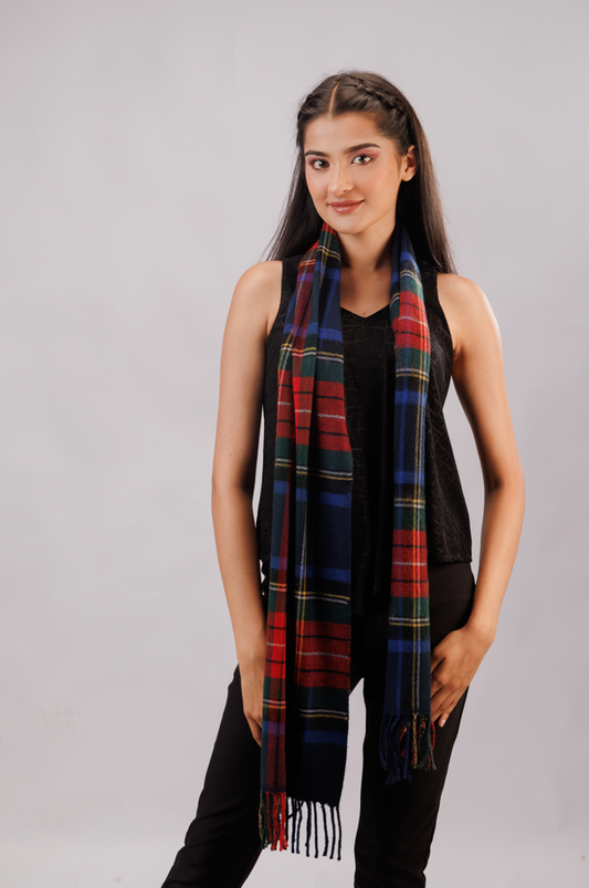 Check scarf with felted fringe