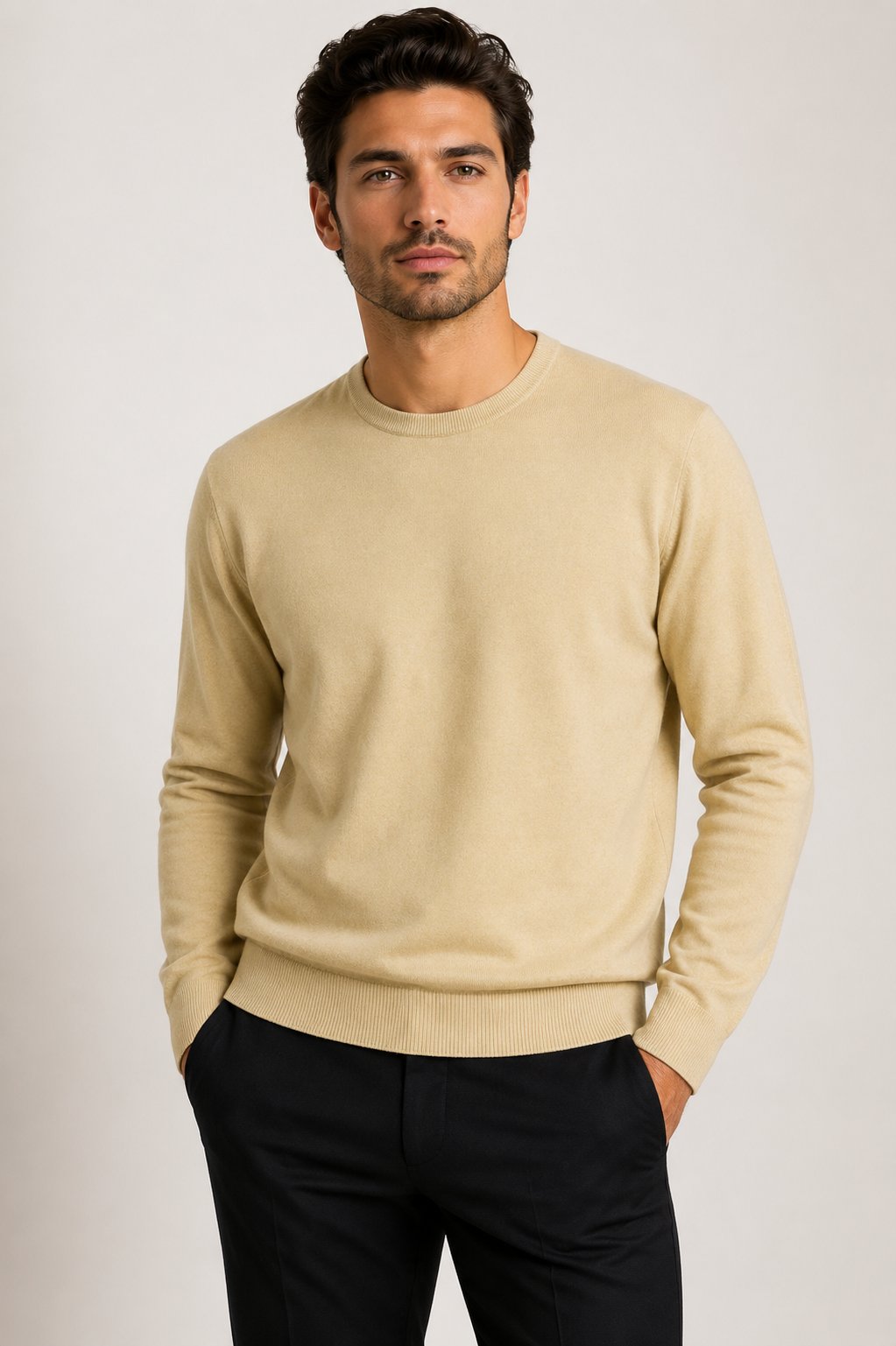 Mens cashmere crewneck sweater in sand beige - 100% pure cashmere - Himalayan Cashmere World