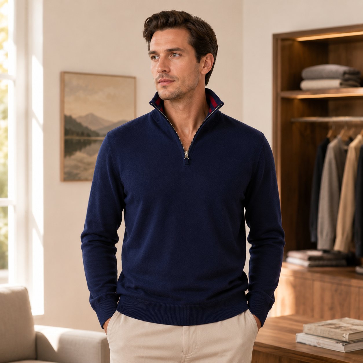 Mens Cashmere Quarter Zip Sweater in Midnight Navy